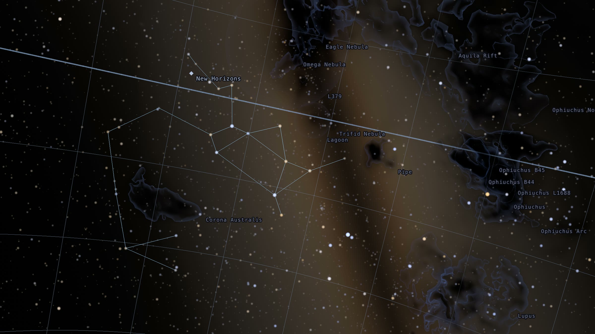 Sagittarius shown in view from Sol with the grid lines of the ecliptic superimposed